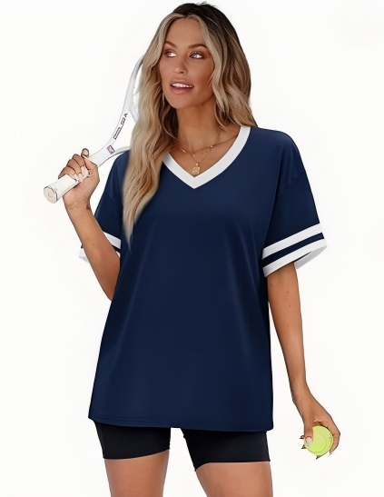 WIHOLL Womens T Shirts Loose Fit Short Sleeve Tees V Neck Color Block Summer Tops 2026 Fashion S-3XL