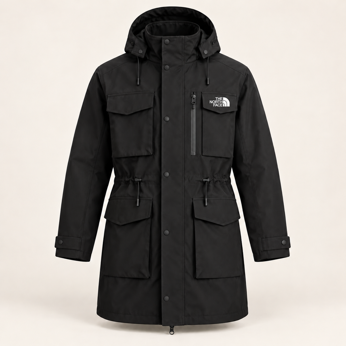 Men’s hooded parka, a mid-length windproof and waterproof coat featuring multiple pockets and a drawstring waist—a functional jacket for winter outdoor wear.
