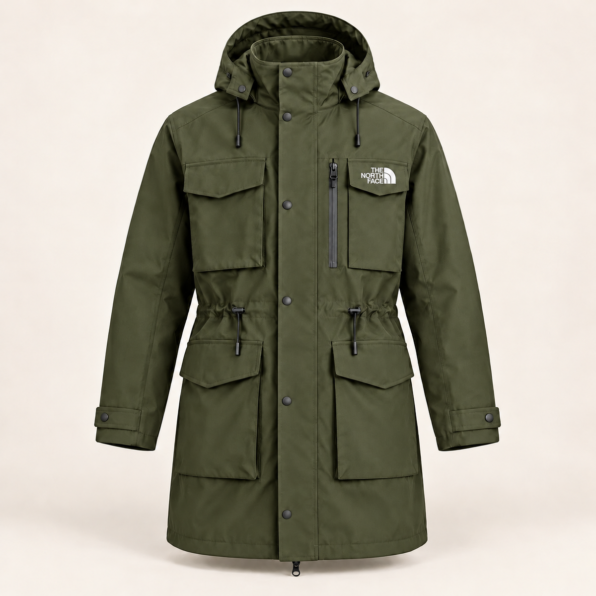 Men’s hooded parka, a mid-length windproof and waterproof coat featuring multiple pockets and a drawstring waist—a functional jacket for winter outdoor wear.