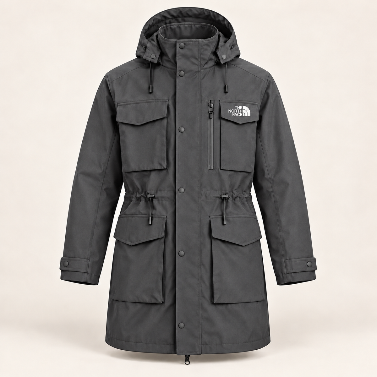 Men’s hooded parka, a mid-length windproof and waterproof coat featuring multiple pockets and a drawstring waist—a functional jacket for winter outdoor wear.