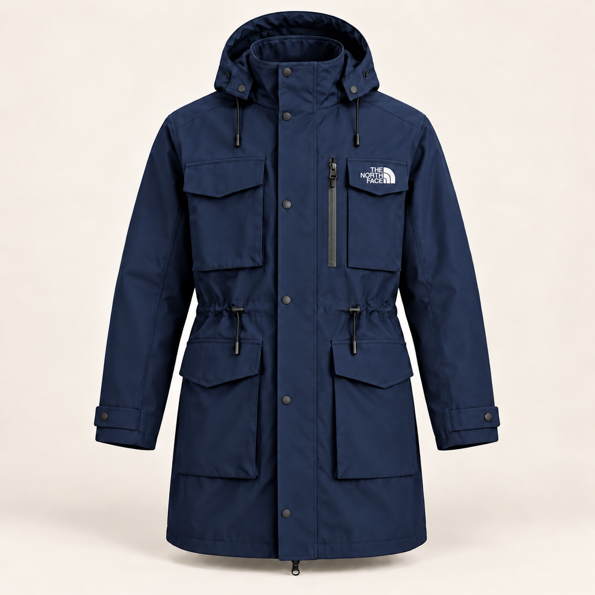 Men’s hooded parka, a mid-length windproof and waterproof coat featuring multiple pockets and a drawstring waist—a functional jacket for winter outdoor wear.