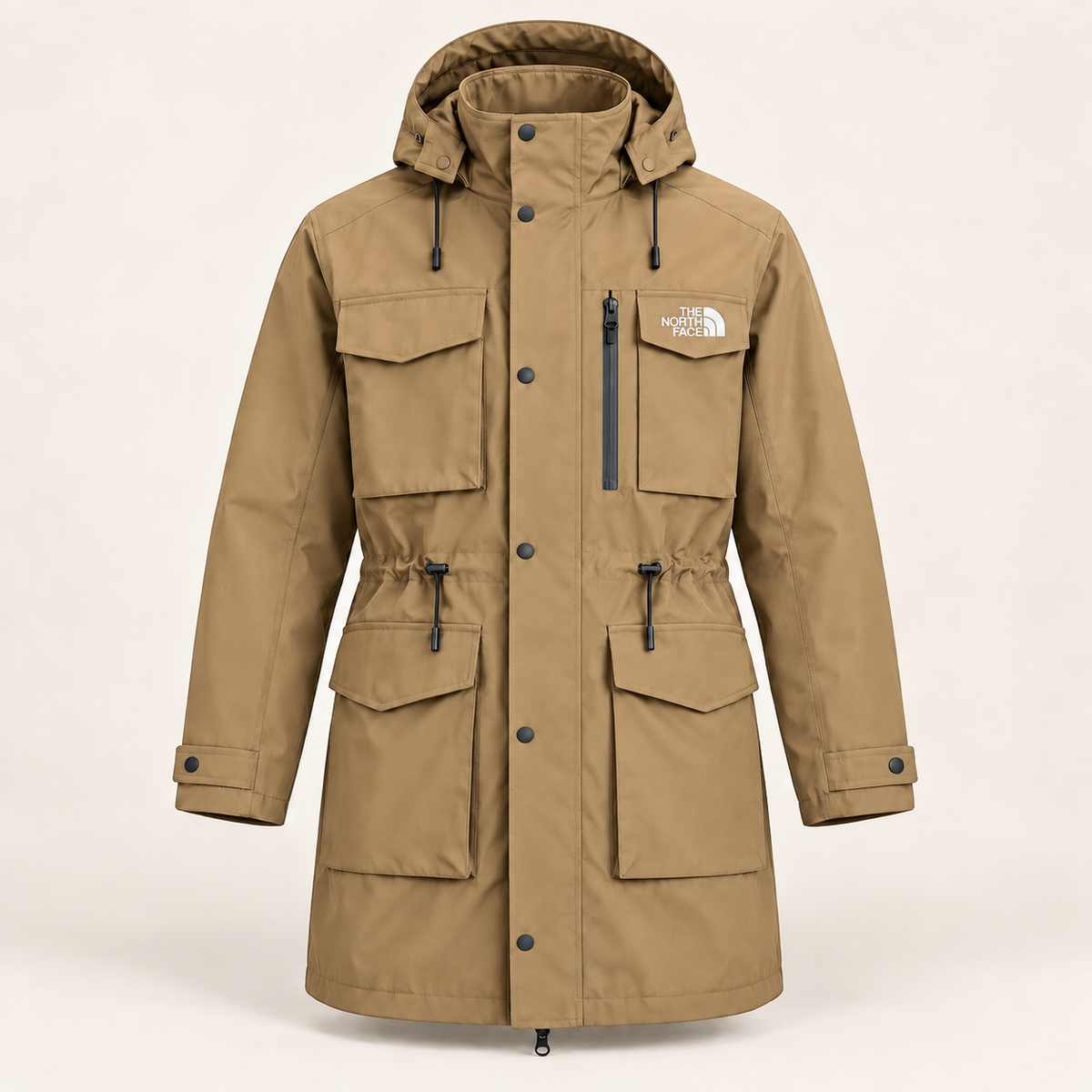 Men’s hooded parka, a mid-length windproof and waterproof coat featuring multiple pockets and a drawstring waist—a functional jacket for winter outdoor wear.