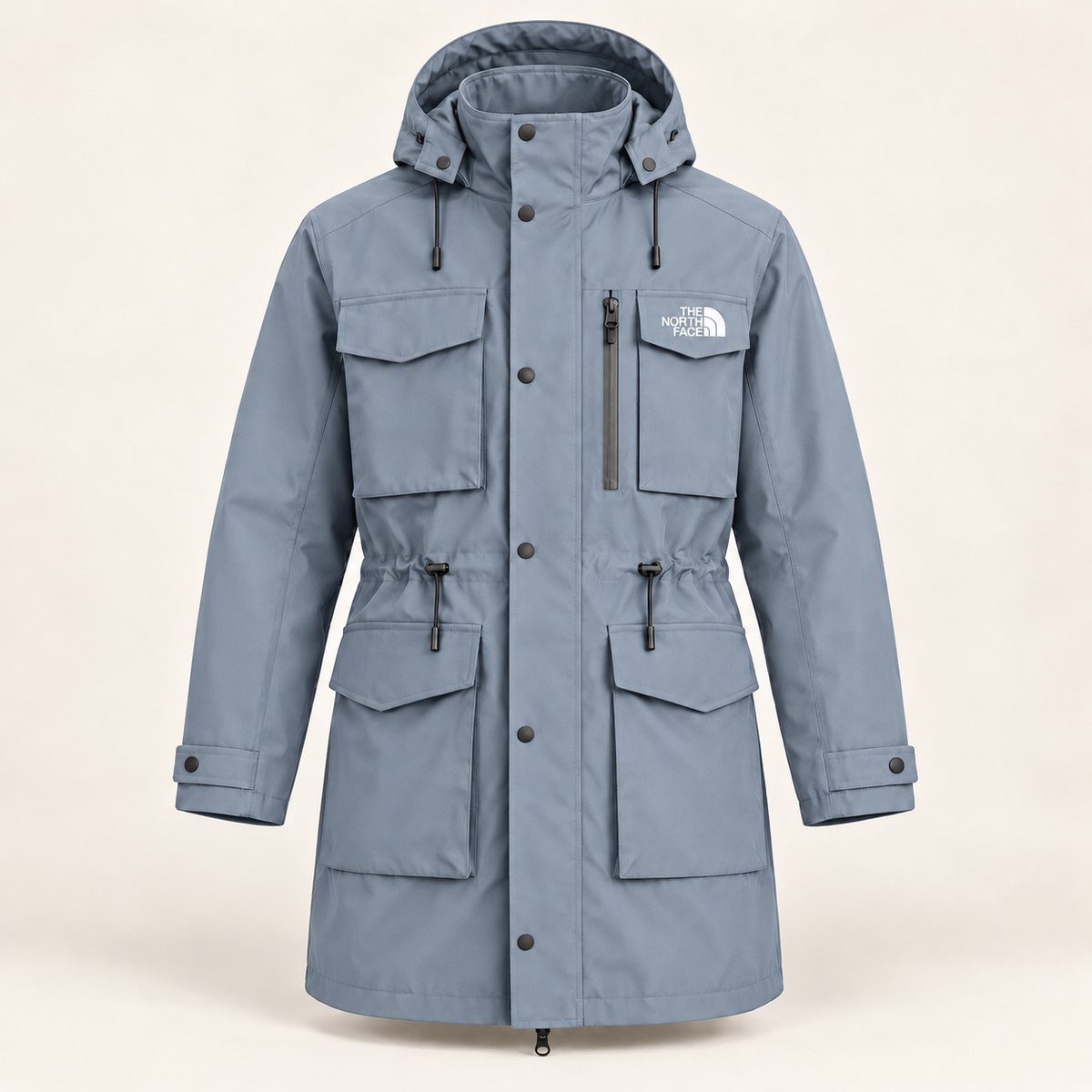 Men’s hooded parka, a mid-length windproof and waterproof coat featuring multiple pockets and a drawstring waist—a functional jacket for winter outdoor wear.