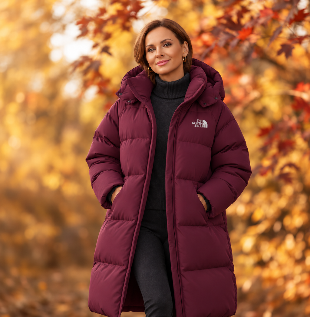 Women’s long, hooded down parka—a warm, cold-weather winter coat suitable for both outdoor activities and everyday wear.