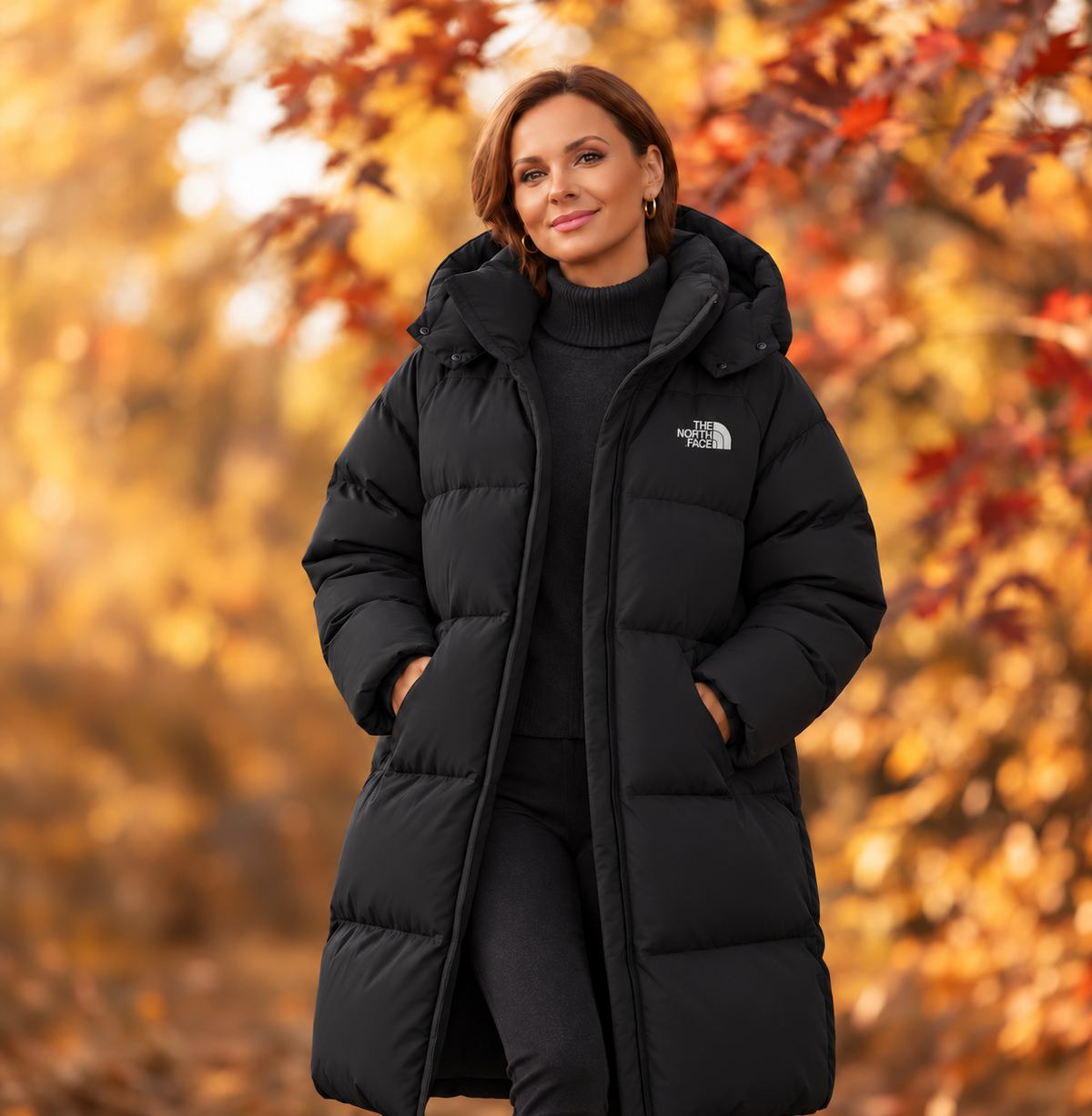 Women’s long, hooded down parka—a warm, cold-weather winter coat suitable for both outdoor activities and everyday wear.