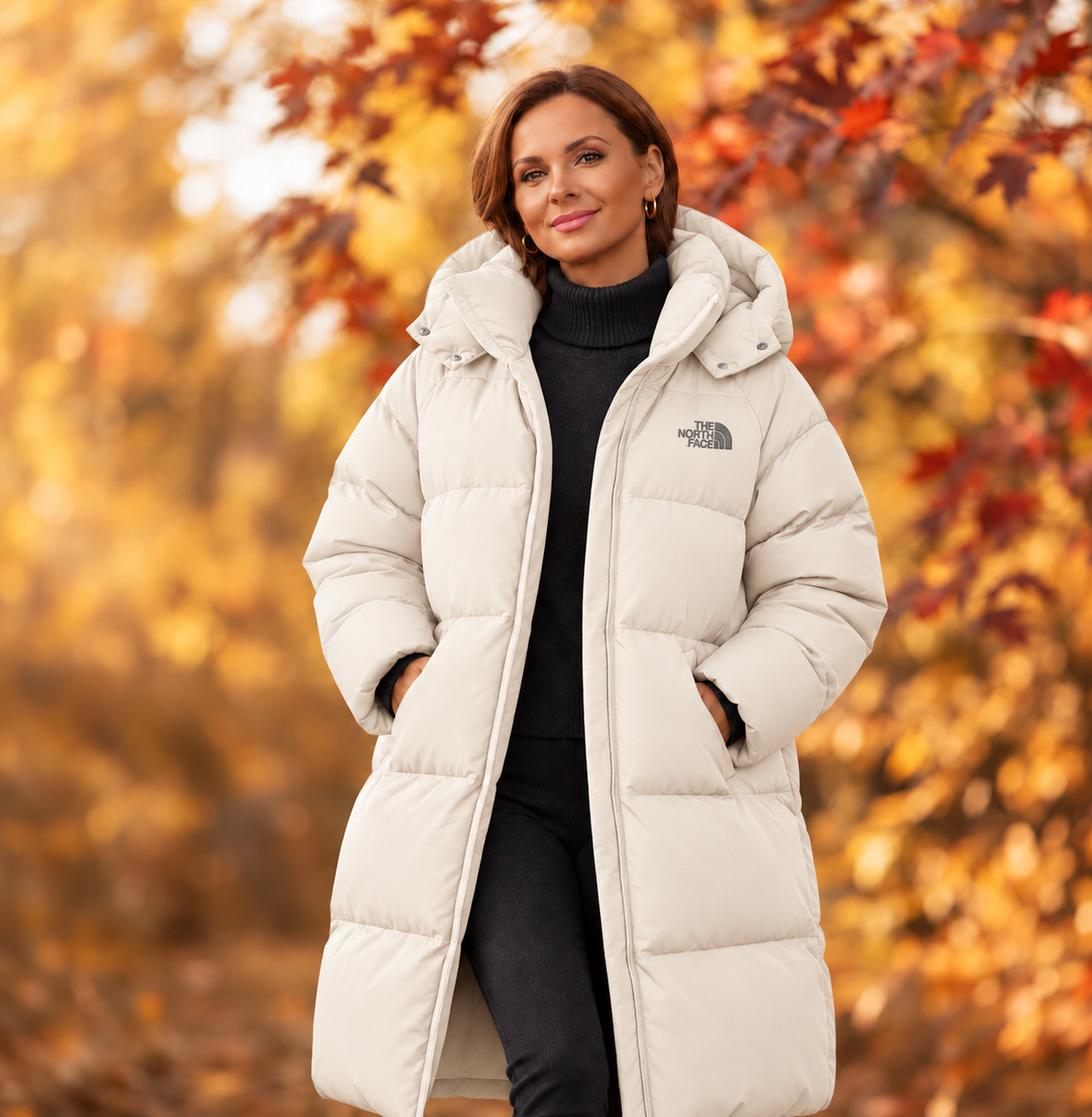 Women’s long, hooded down parka—a warm, cold-weather winter coat suitable for both outdoor activities and everyday wear.