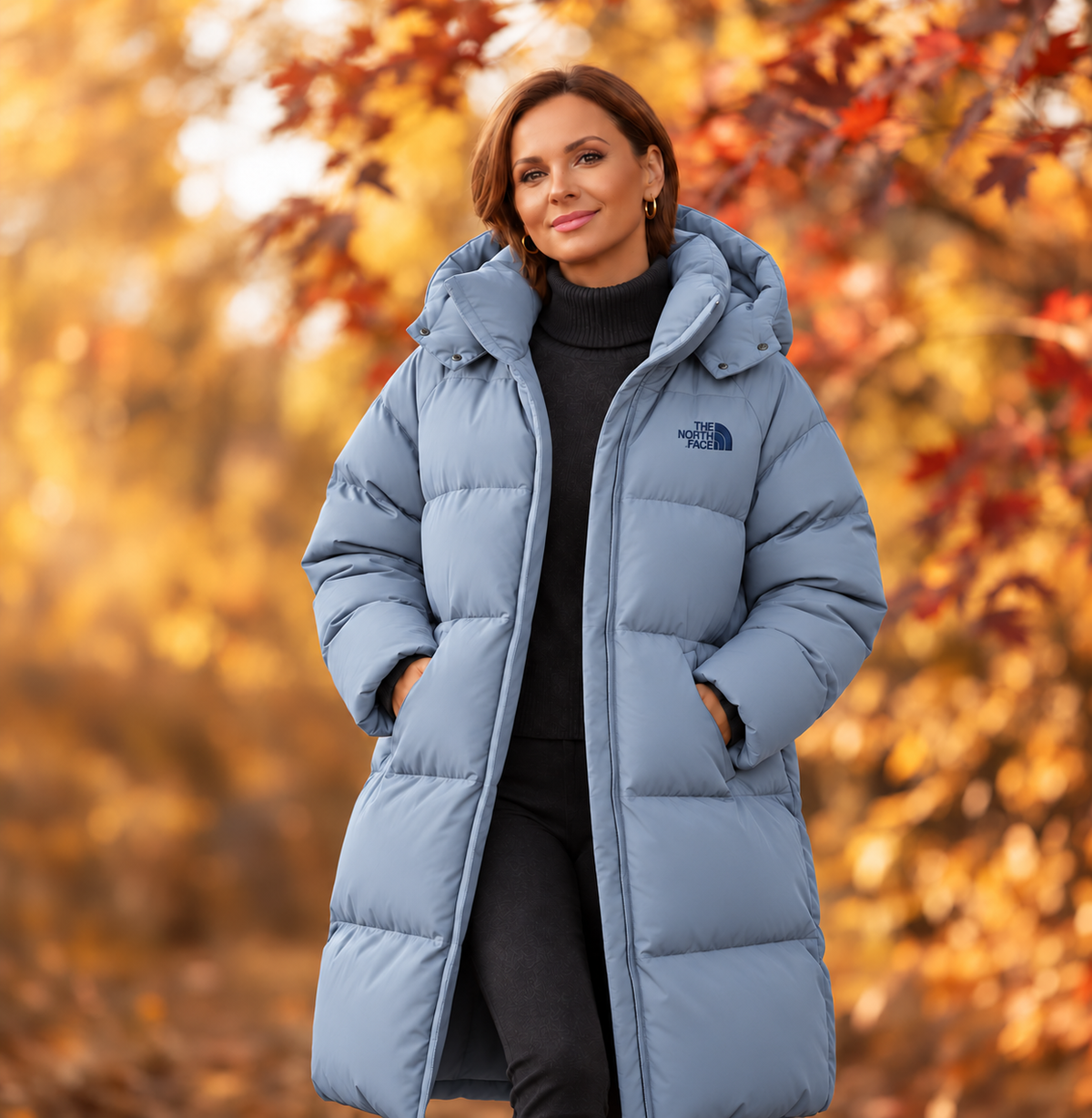 Women’s long, hooded down parka—a warm, cold-weather winter coat suitable for both outdoor activities and everyday wear.