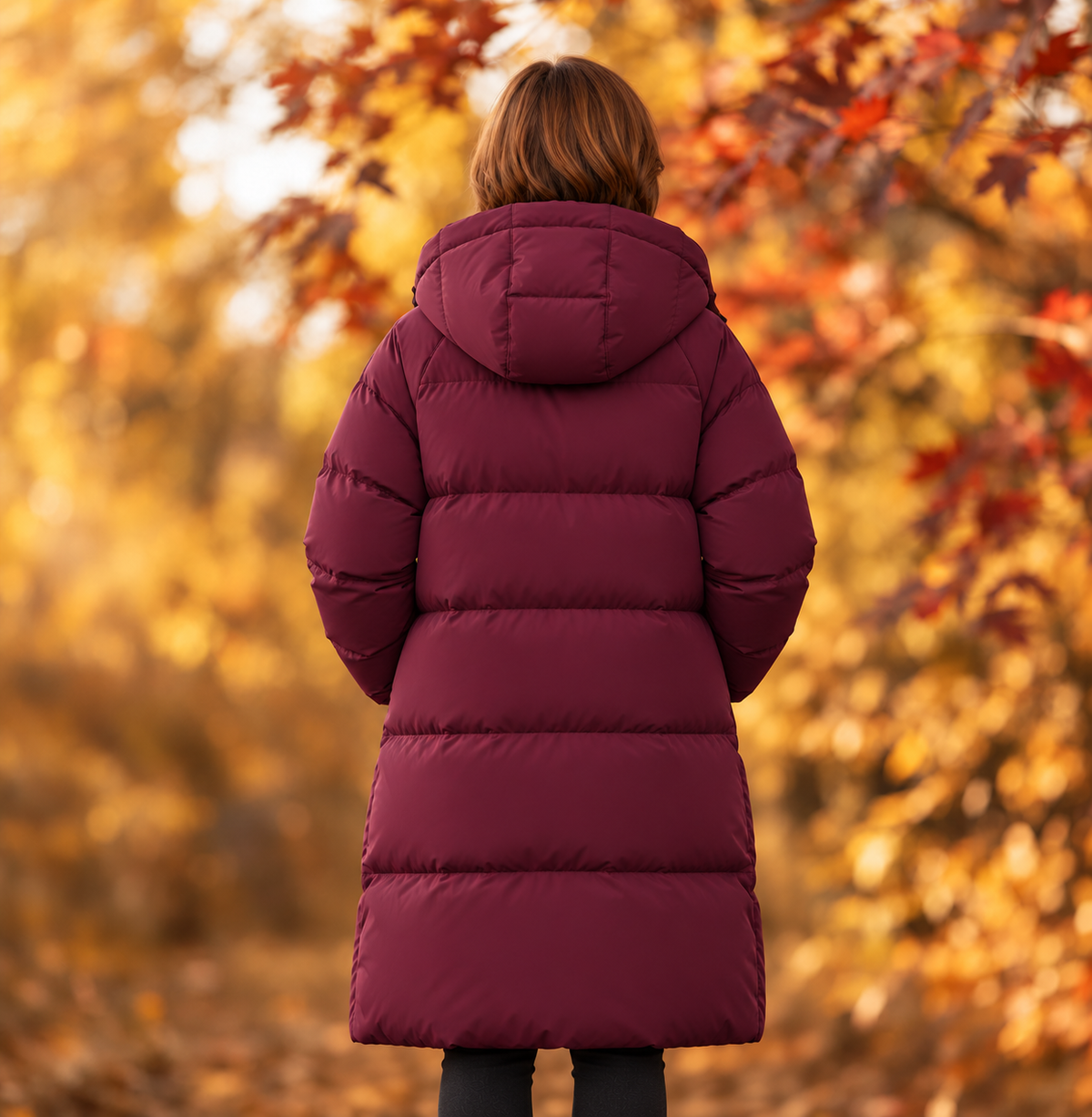 Women’s long, hooded down parka—a warm, cold-weather winter coat suitable for both outdoor activities and everyday wear.