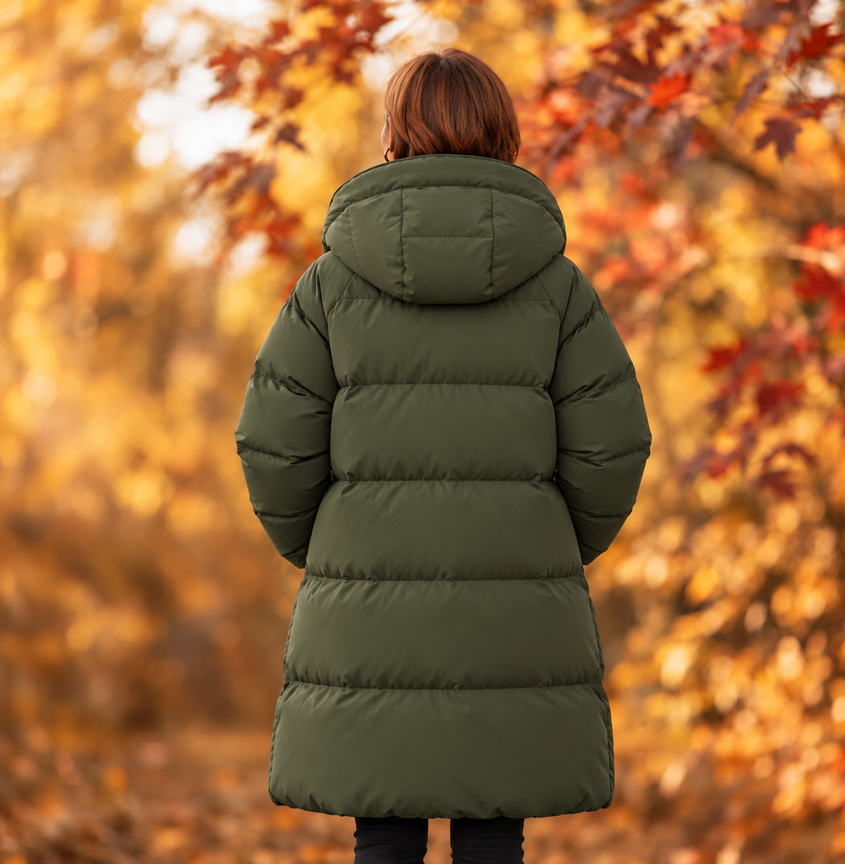 Women’s long, hooded down parka—a warm, cold-weather winter coat suitable for both outdoor activities and everyday wear.