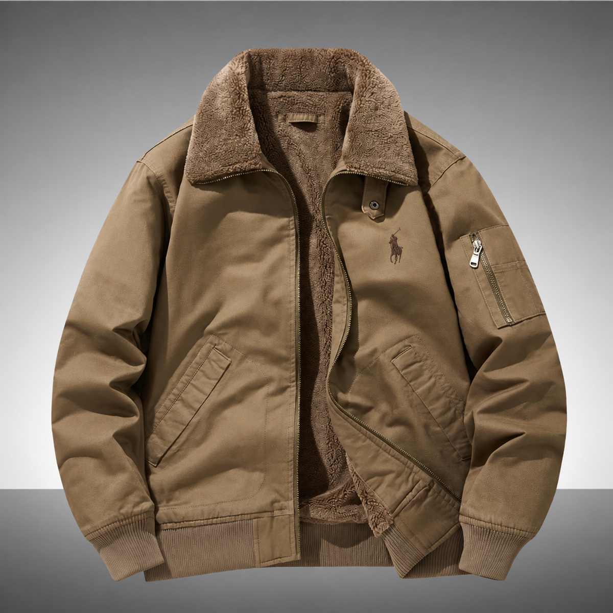 Vintage men’s winter bomber jacket with sherpa fleece lining. Warm, tough and handsome for cold days. Multi pockets, classic flight coat for everyday wear.