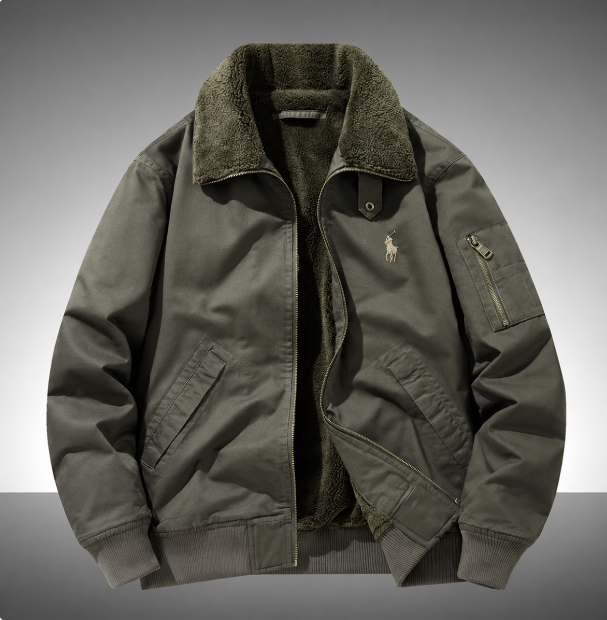 Vintage men’s winter bomber jacket with sherpa fleece lining. Warm, tough and handsome for cold days. Multi pockets, classic flight coat for everyday wear.