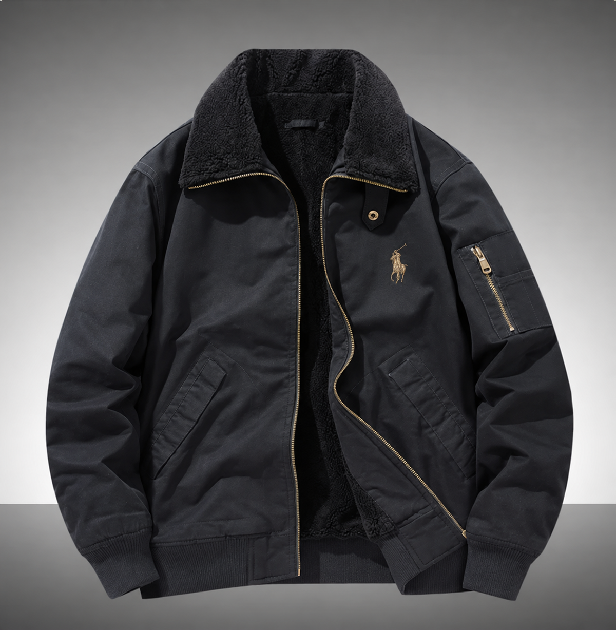 Vintage men’s winter bomber jacket with sherpa fleece lining. Warm, tough and handsome for cold days. Multi pockets, classic flight coat for everyday wear.