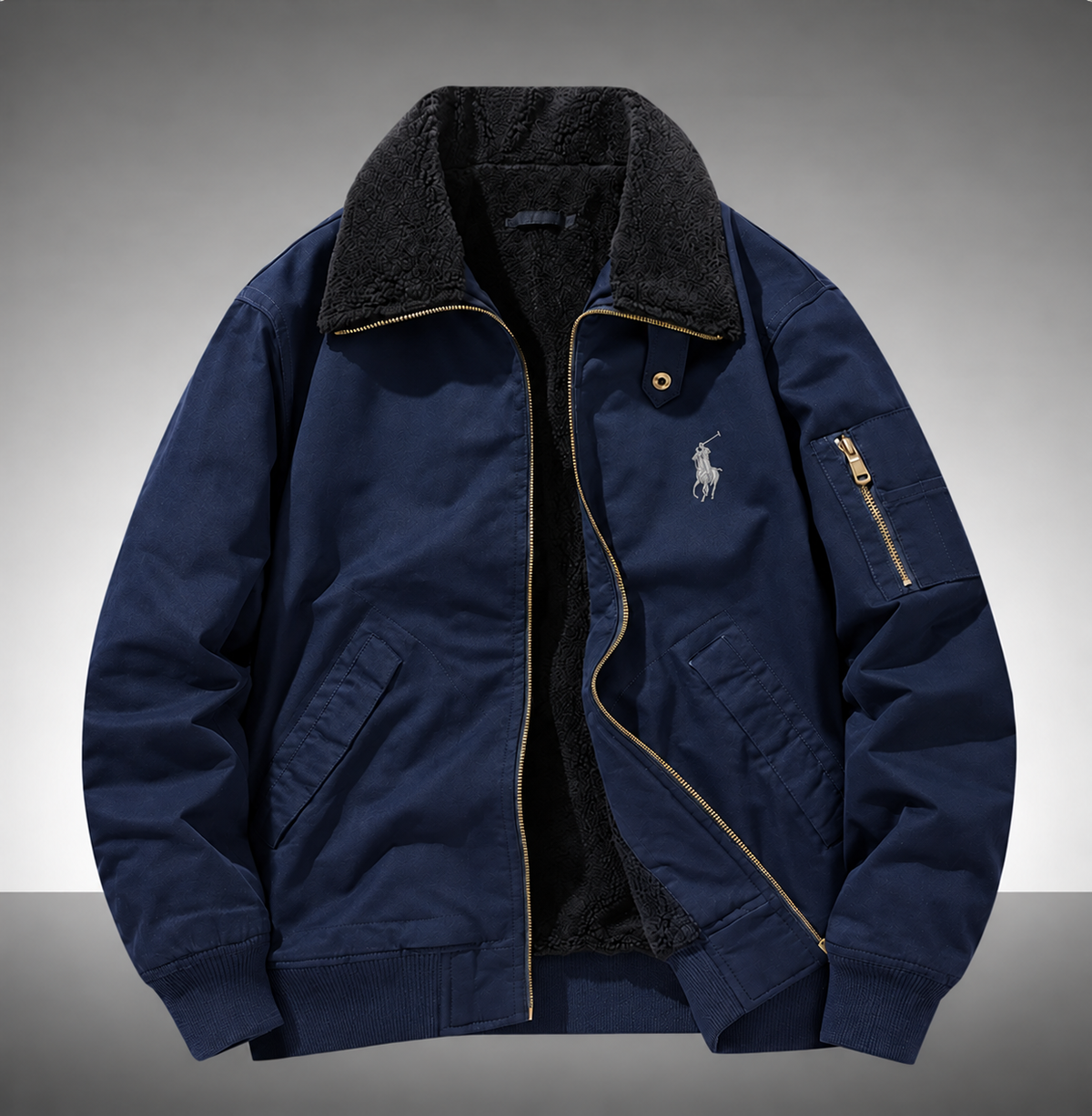 Vintage men’s winter bomber jacket with sherpa fleece lining. Warm, tough and handsome for cold days. Multi pockets, classic flight coat for everyday wear.