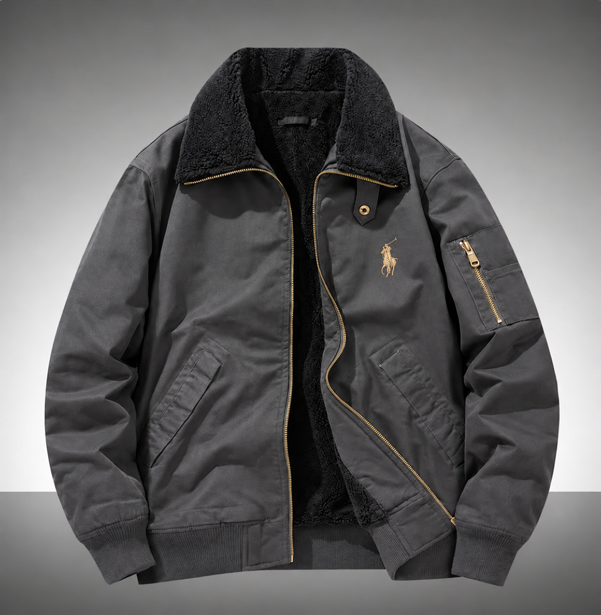 Vintage men’s winter bomber jacket with sherpa fleece lining. Warm, tough and handsome for cold days. Multi pockets, classic flight coat for everyday wear.