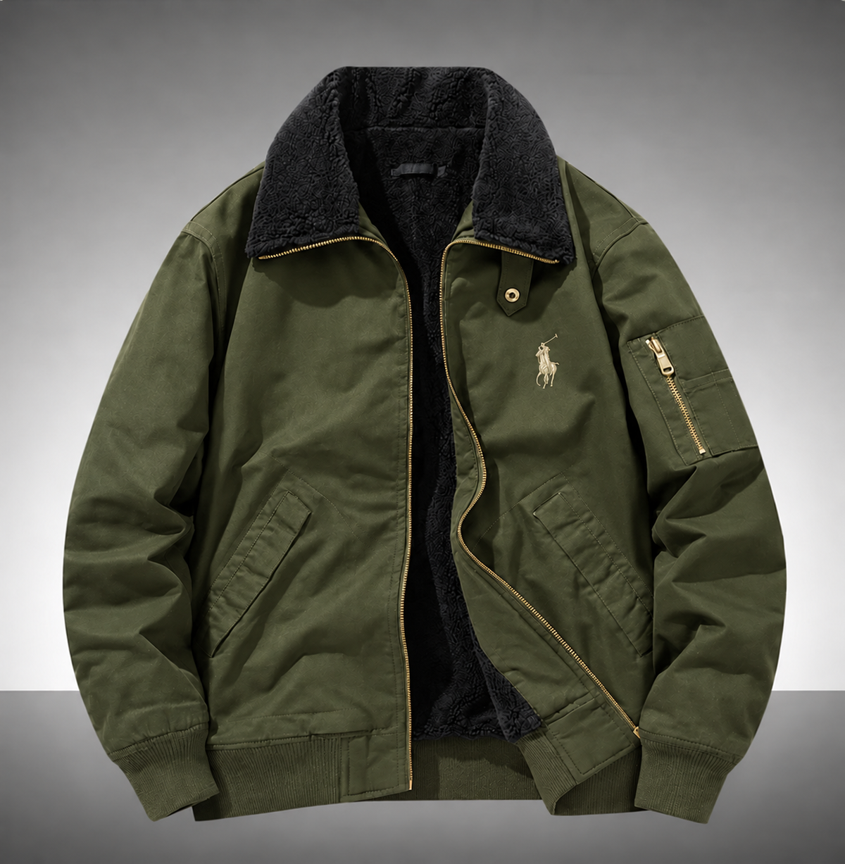 Vintage men’s winter bomber jacket with sherpa fleece lining. Warm, tough and handsome for cold days. Multi pockets, classic flight coat for everyday wear.