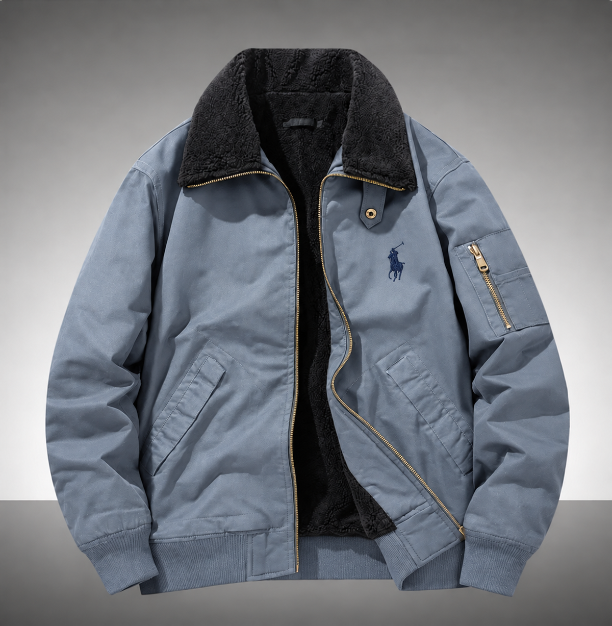 Vintage men’s winter bomber jacket with sherpa fleece lining. Warm, tough and handsome for cold days. Multi pockets, classic flight coat for everyday wear.