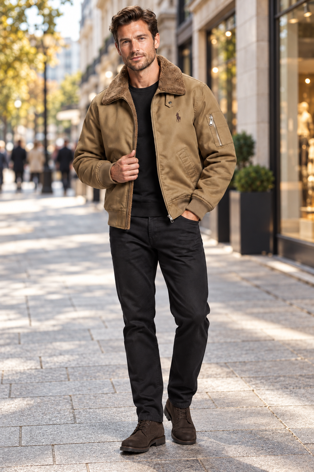 Vintage men’s winter bomber jacket with sherpa fleece lining. Warm, tough and handsome for cold days. Multi pockets, classic flight coat for everyday wear.
