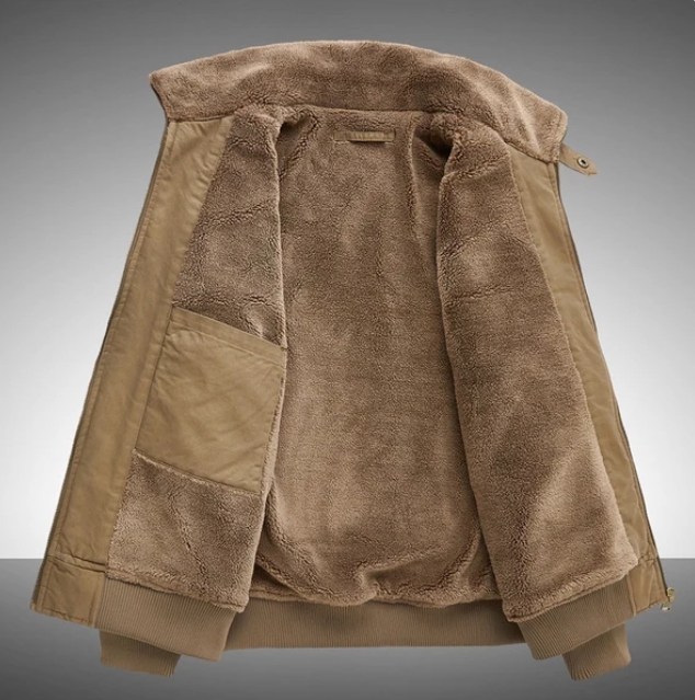 Vintage men’s winter bomber jacket with sherpa fleece lining. Warm, tough and handsome for cold days. Multi pockets, classic flight coat for everyday wear.