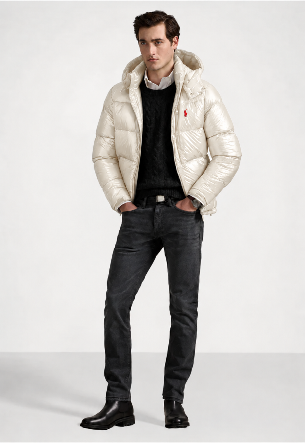 Classic glossy down jacket for men. Timeless Polo style, warm duck down, detachable hood. Dress sharp and stay warm all winter long.