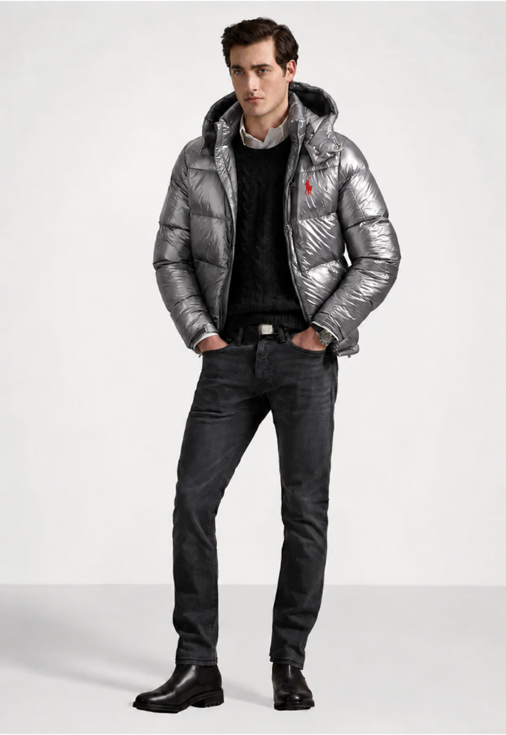 Classic glossy down jacket for men. Timeless Polo style, warm duck down, detachable hood. Dress sharp and stay warm all winter long.