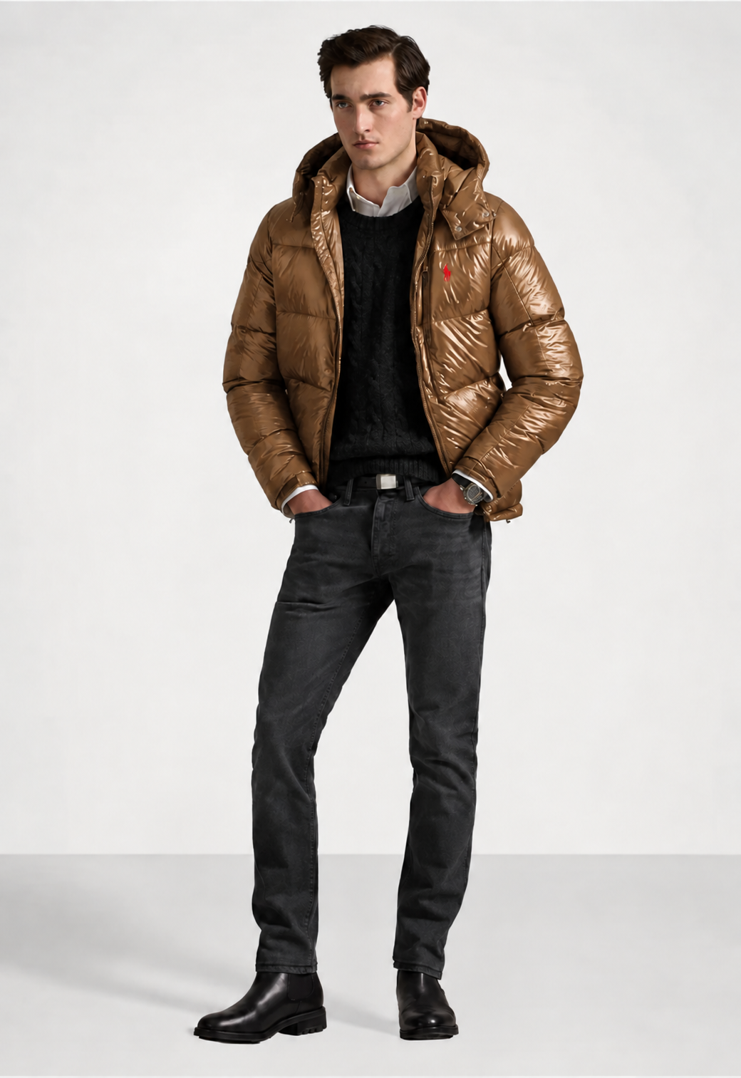 Classic glossy down jacket for men. Timeless Polo style, warm duck down, detachable hood. Dress sharp and stay warm all winter long.