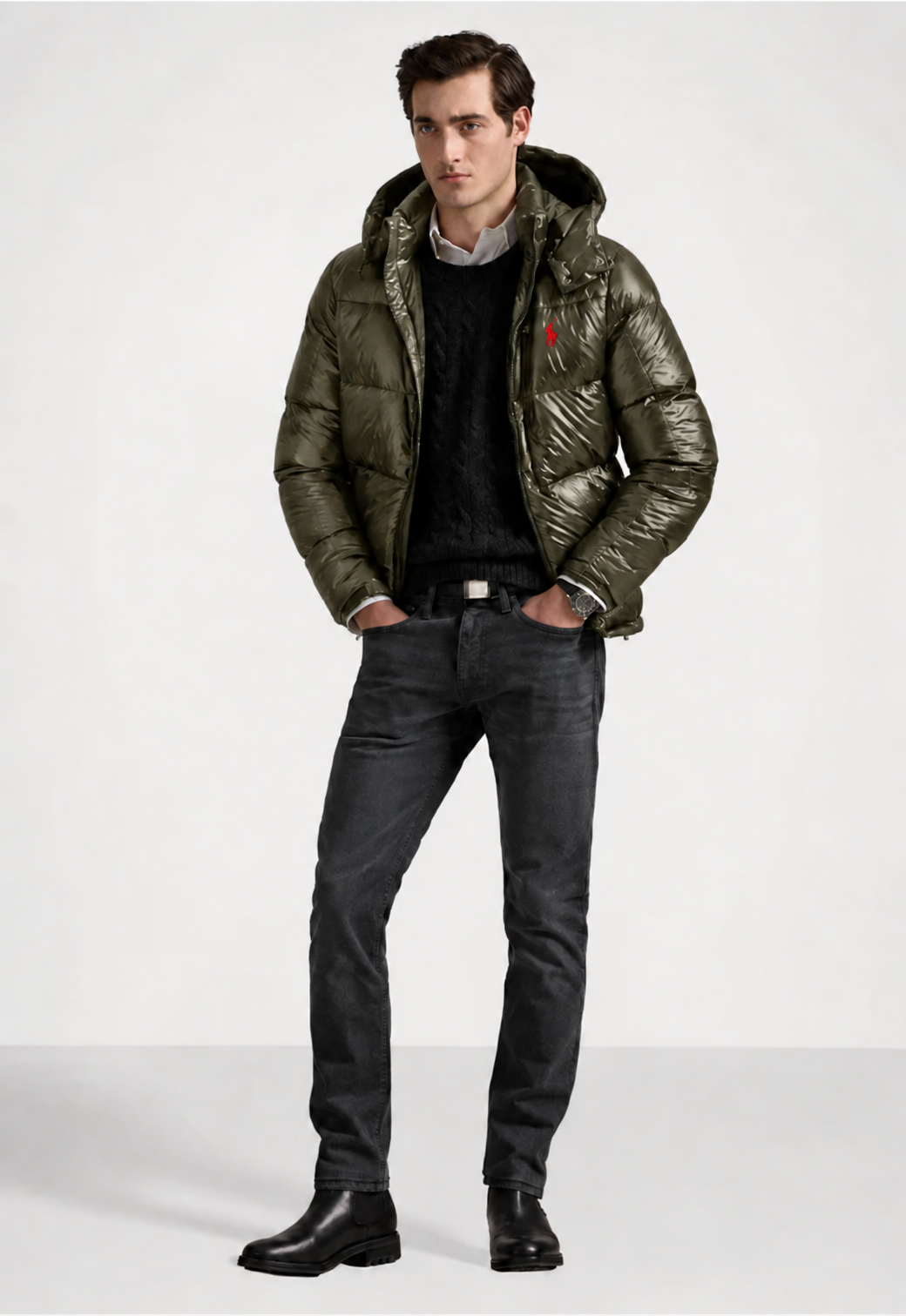 Classic glossy down jacket for men. Timeless Polo style, warm duck down, detachable hood. Dress sharp and stay warm all winter long.