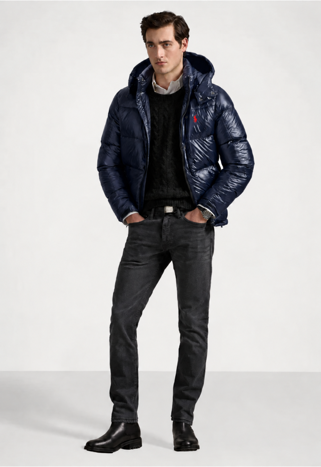 Classic glossy down jacket for men. Timeless Polo style, warm duck down, detachable hood. Dress sharp and stay warm all winter long.