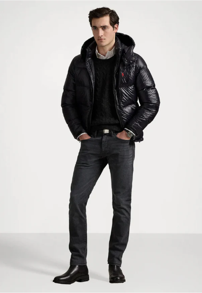 Classic glossy down jacket for men. Timeless Polo style, warm duck down, detachable hood. Dress sharp and stay warm all winter long.