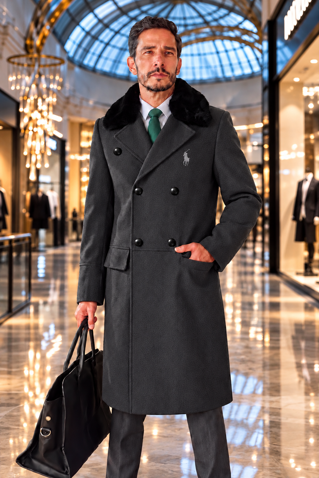 Men’s Luxury Double-Breasted Long Coat with Plush Collar