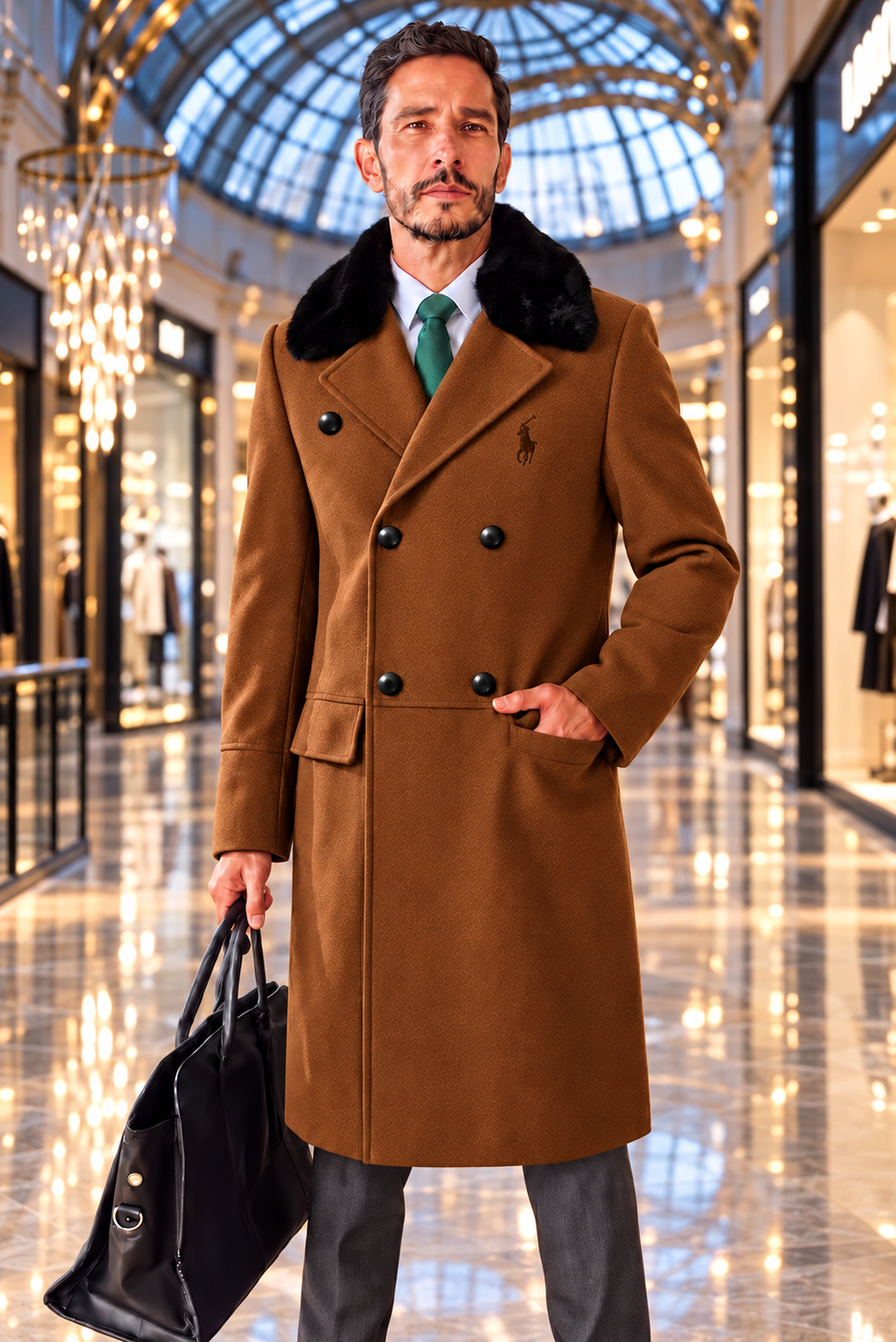 Men’s Luxury Double-Breasted Long Coat with Plush Collar