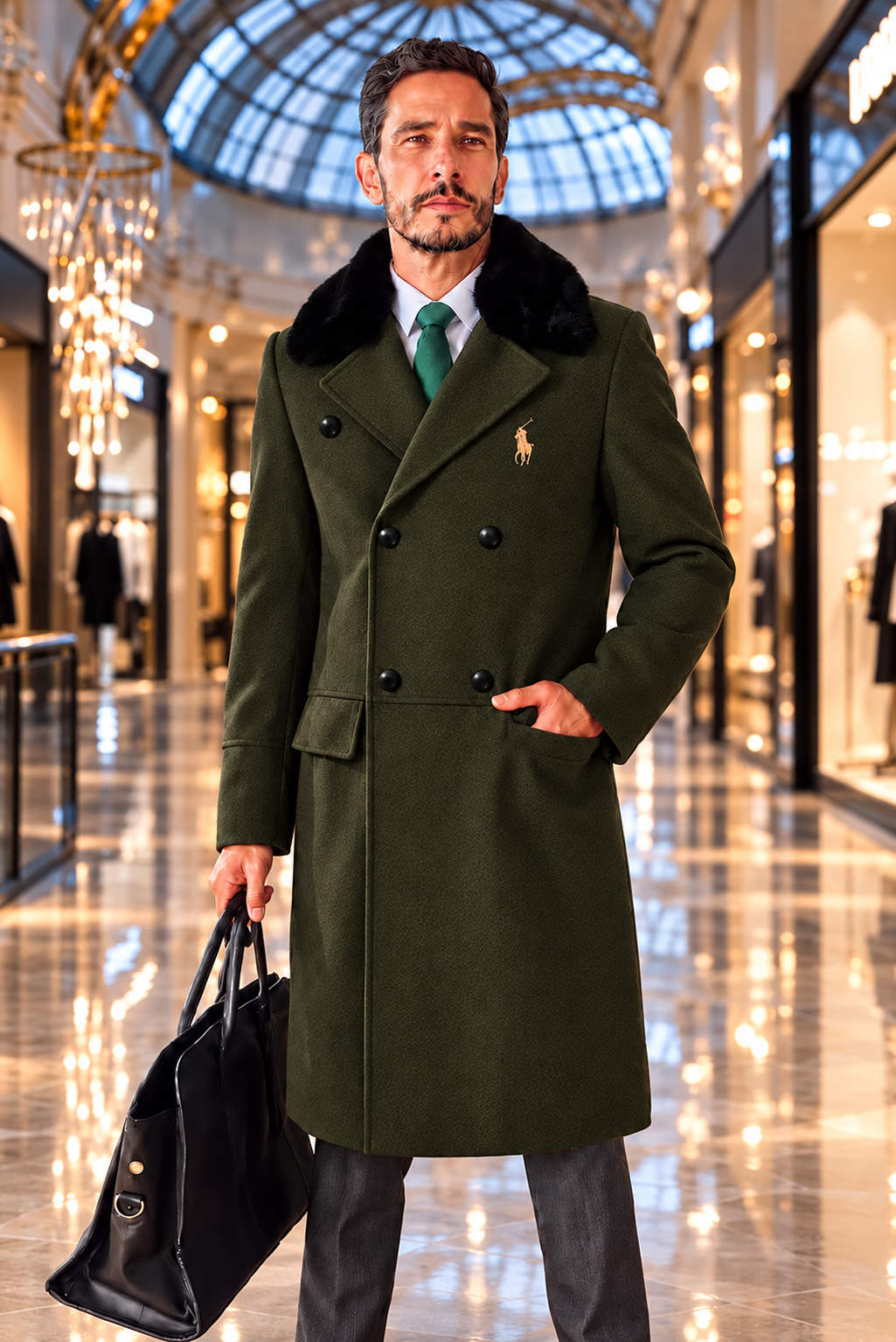 Men’s Luxury Double-Breasted Long Coat with Plush Collar