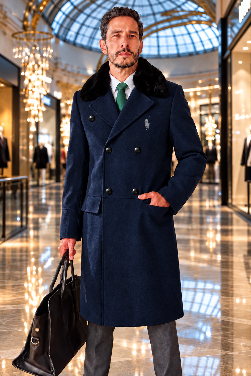Men’s Luxury Double-Breasted Long Coat with Plush Collar