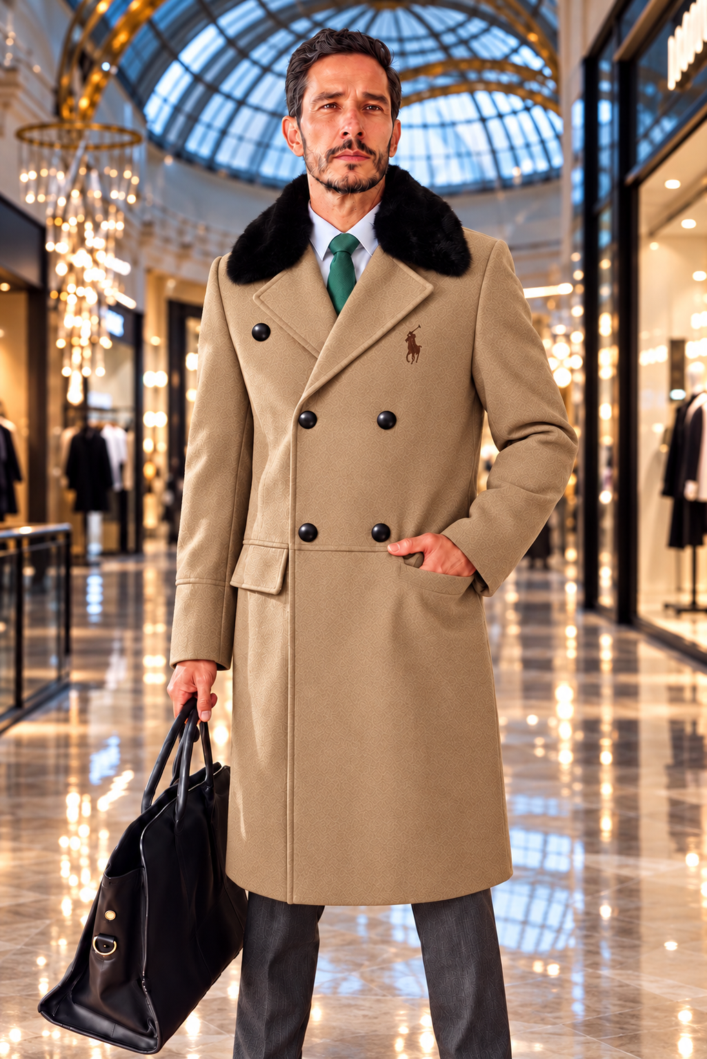 Men’s Luxury Double-Breasted Long Coat with Plush Collar
