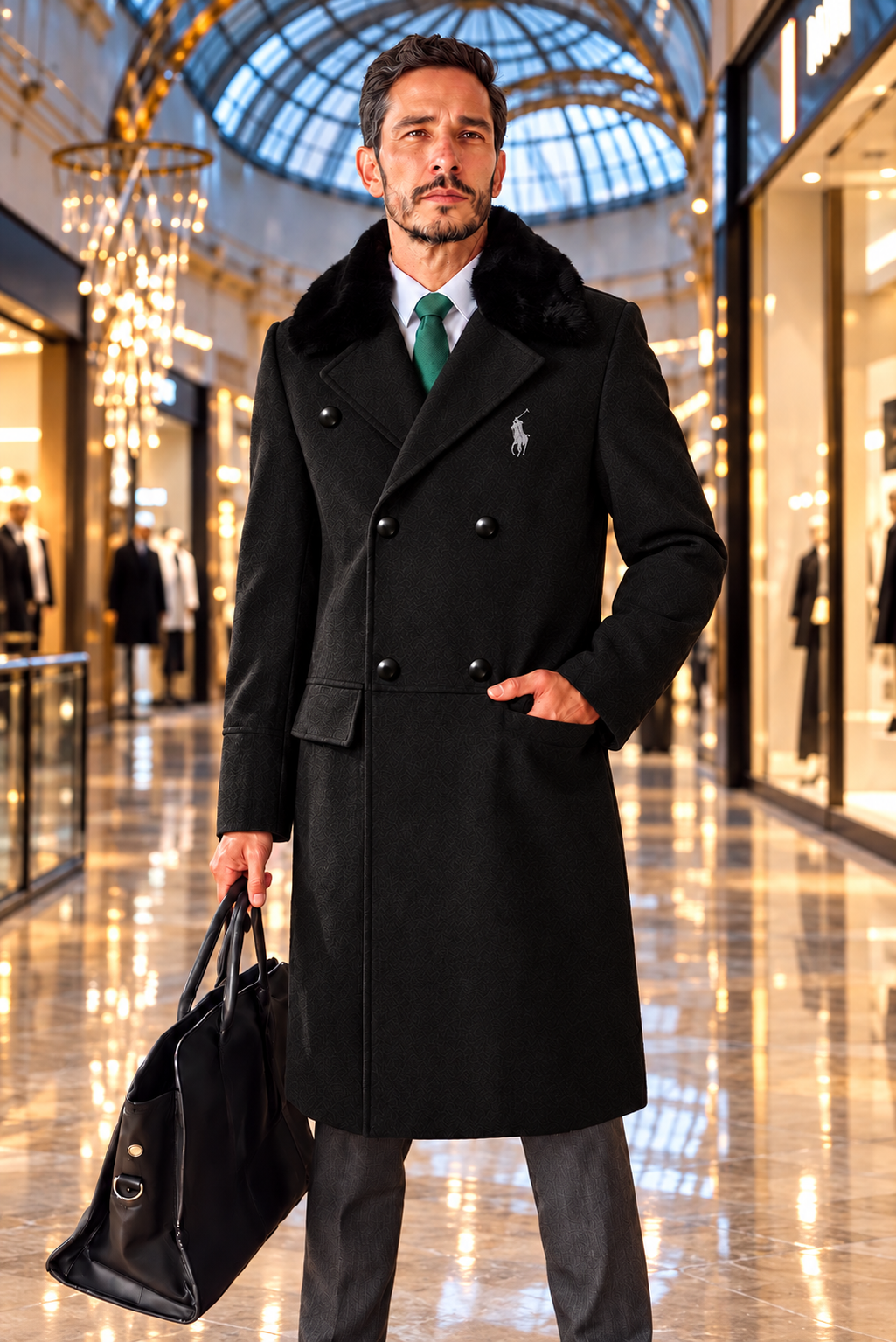 Men’s Luxury Double-Breasted Long Coat with Plush Collar