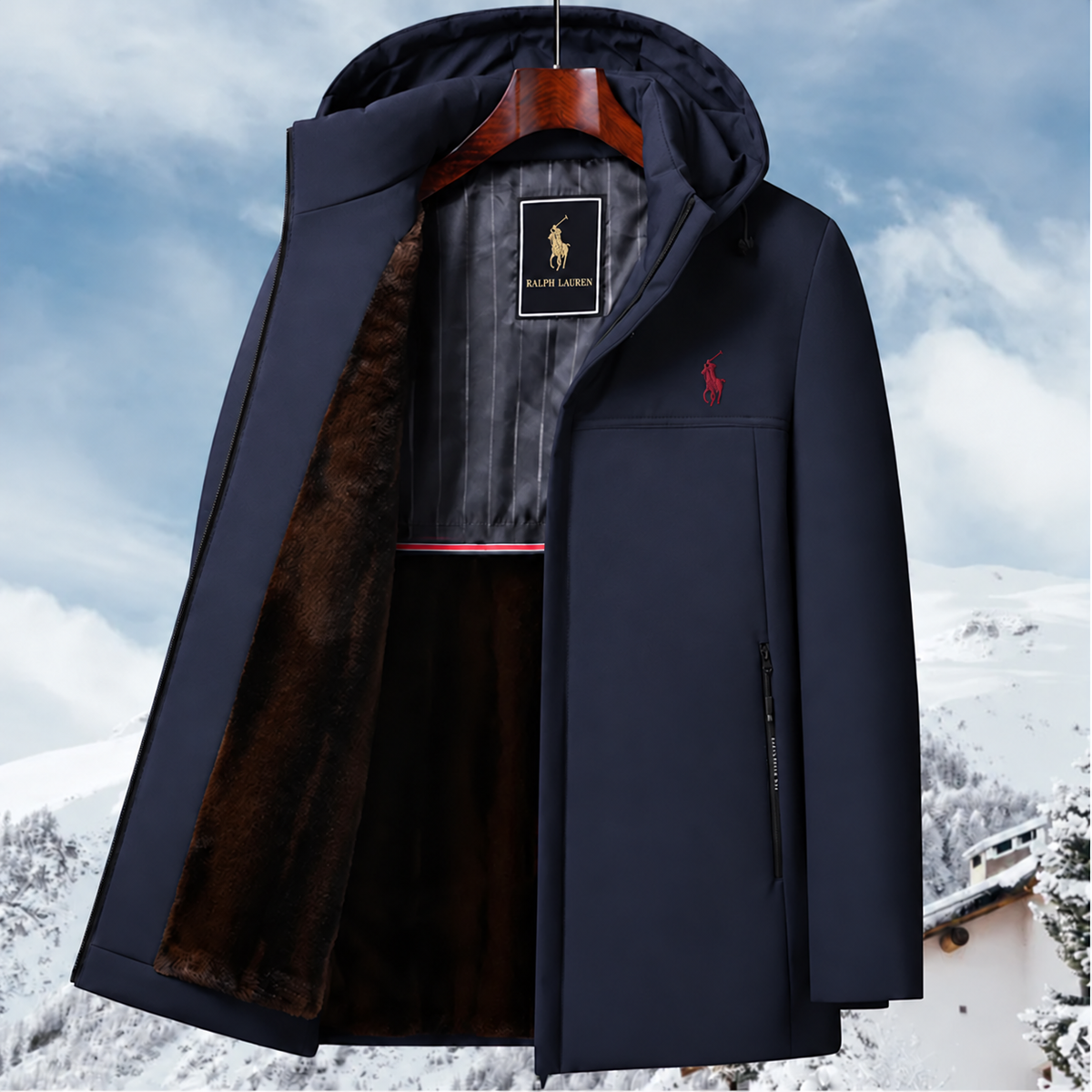 Men’s fleece-lined, hooded, mid-length warm jacket