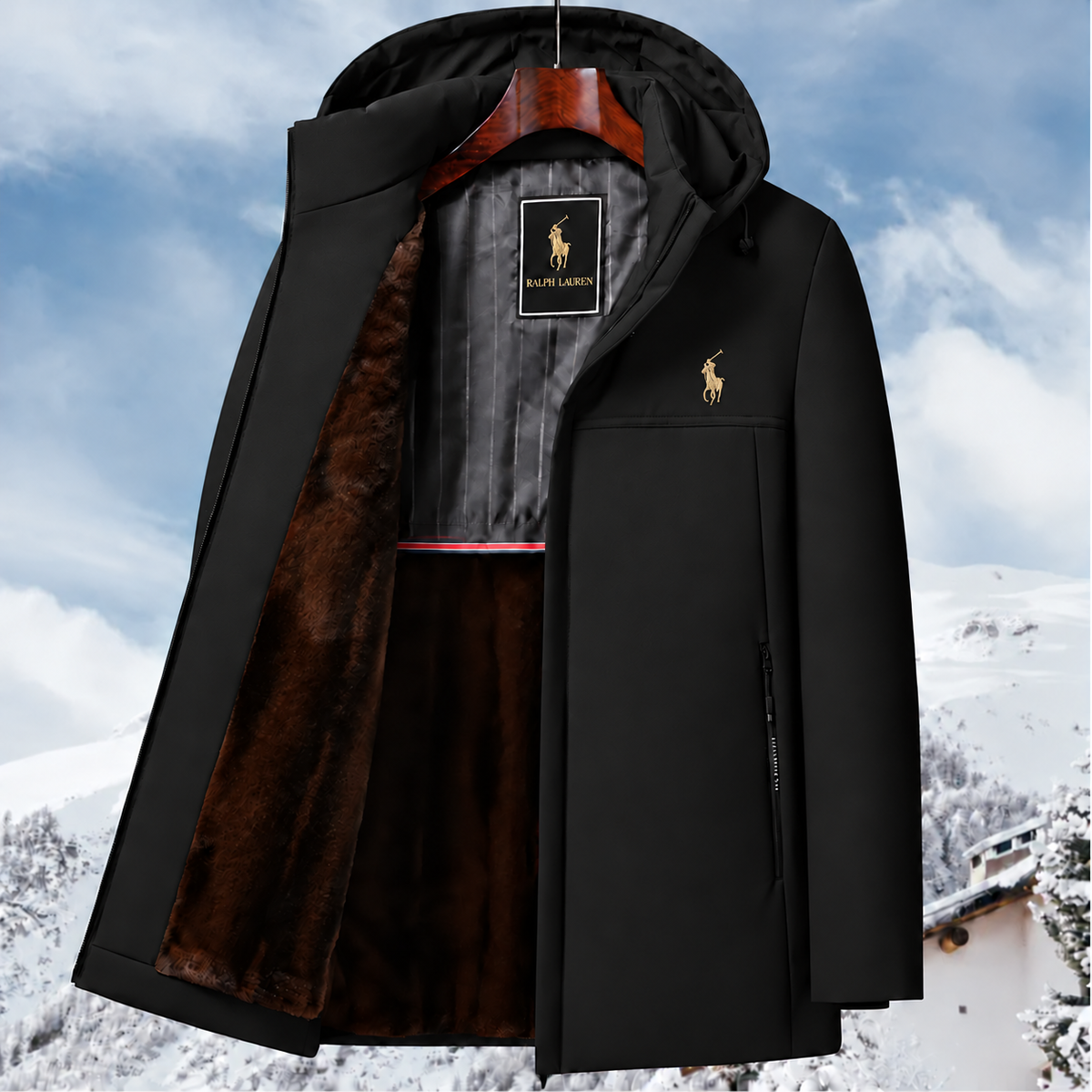Men’s fleece-lined, hooded, mid-length warm jacket