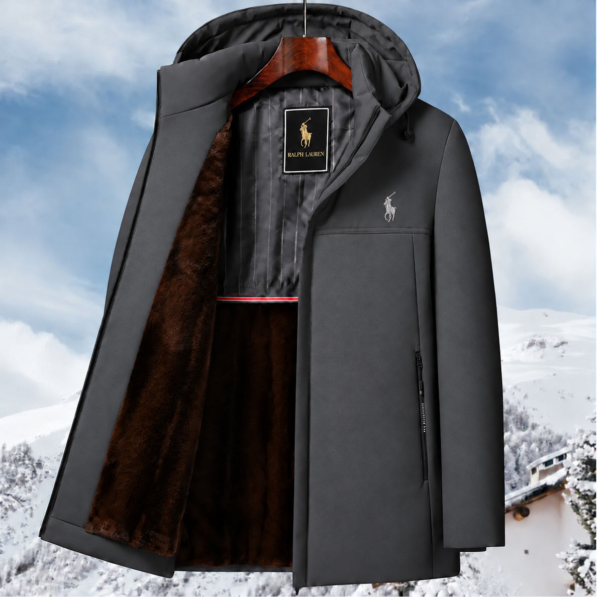 Men’s fleece-lined, hooded, mid-length warm jacket