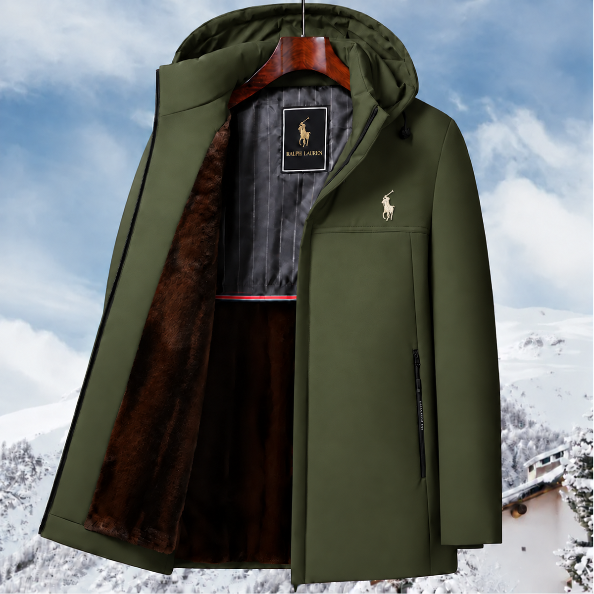 Men’s fleece-lined, hooded, mid-length warm jacket