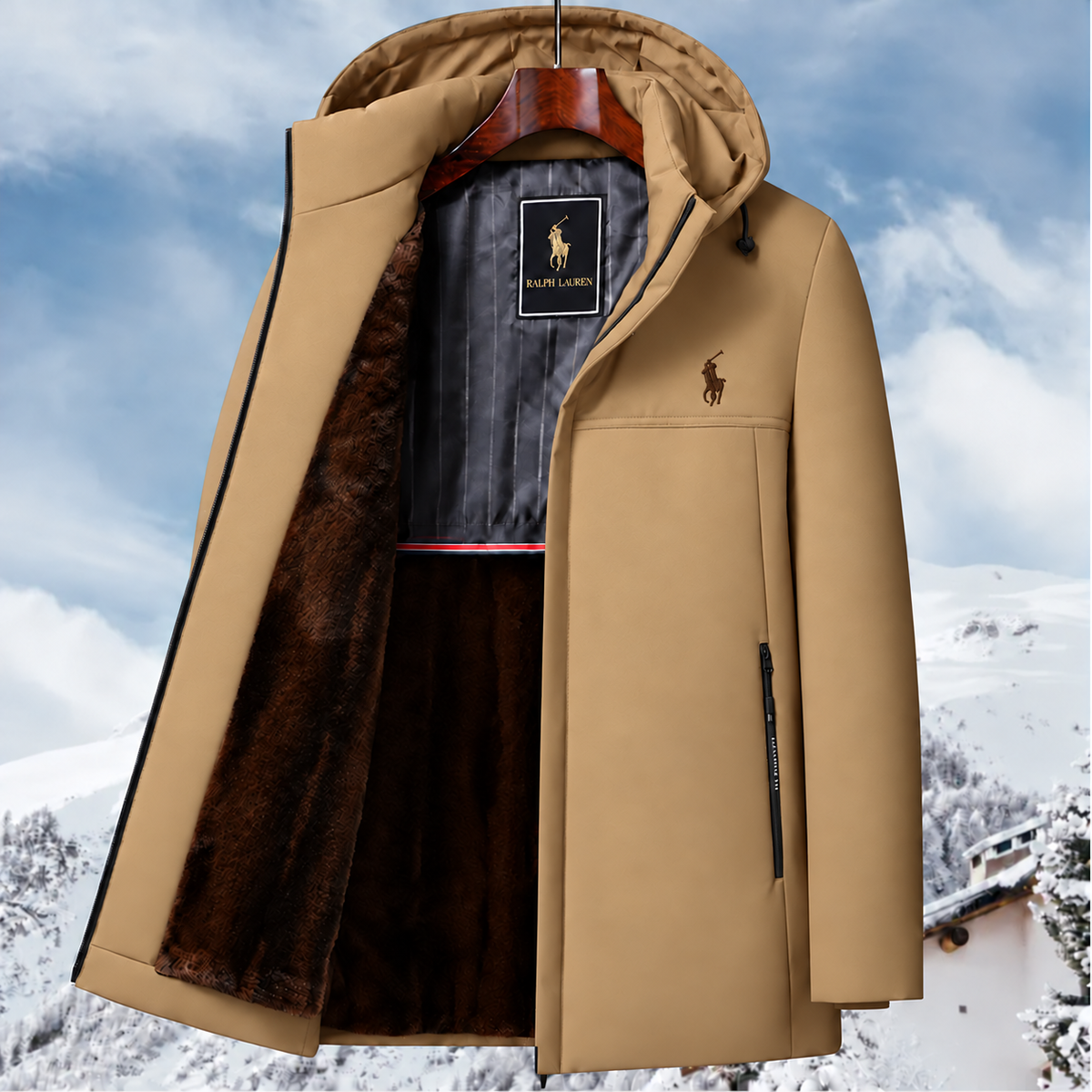 Men’s fleece-lined, hooded, mid-length warm jacket