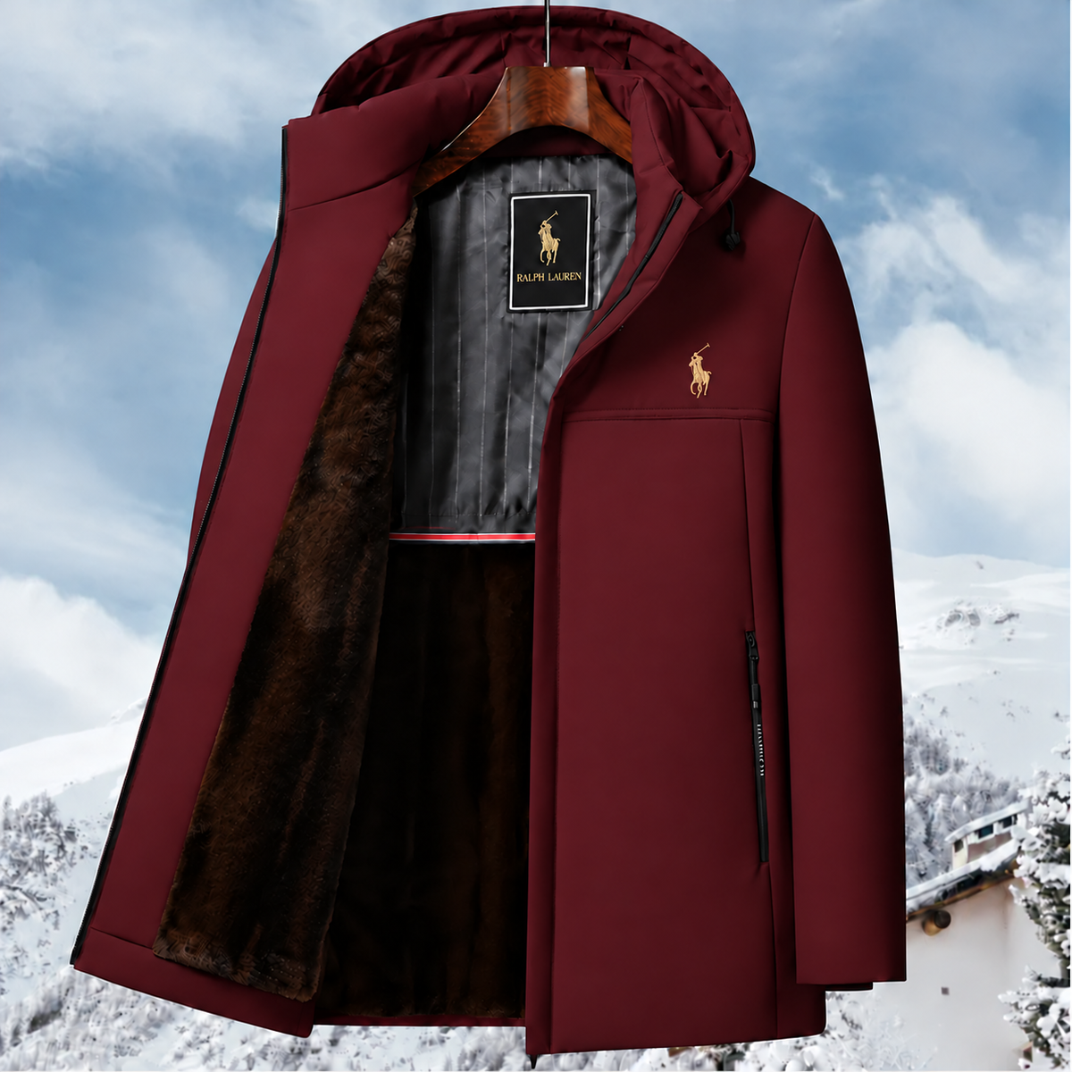Men’s fleece-lined, hooded, mid-length warm jacket