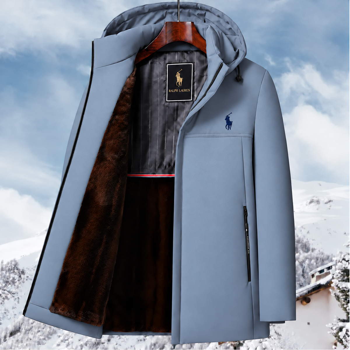 Men’s fleece-lined, hooded, mid-length warm jacket