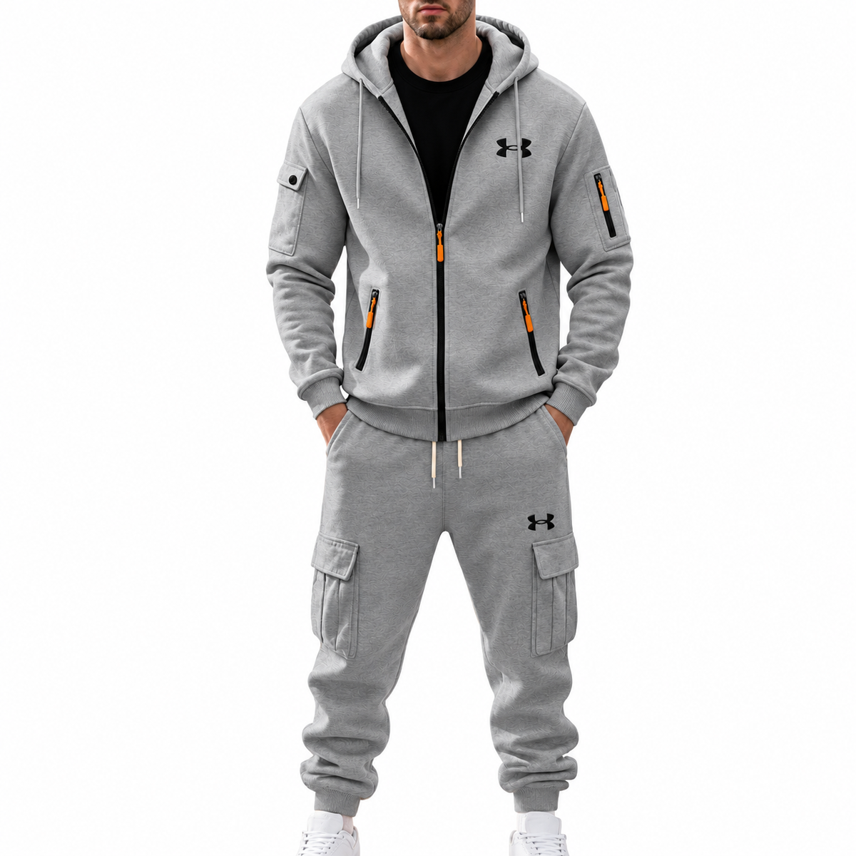 Men’s 2‑Piece Cargo Tracksuit Set, Full‑Zip Hooded Jacket & Multi‑Pocket Jogger Pants, Casual Athletic Sweat Suit Outfit