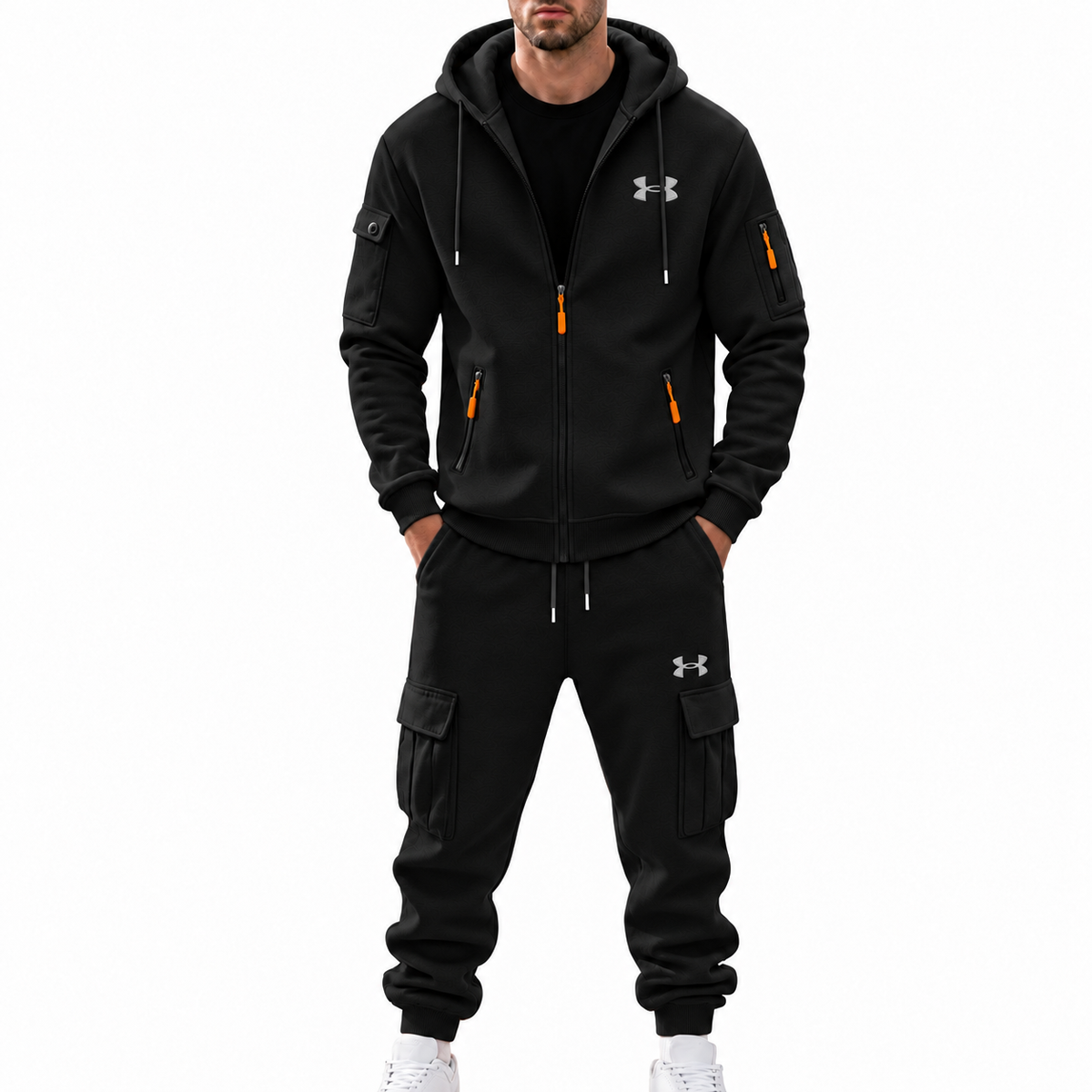 Men’s 2‑Piece Cargo Tracksuit Set, Full‑Zip Hooded Jacket & Multi‑Pocket Jogger Pants, Casual Athletic Sweat Suit Outfit