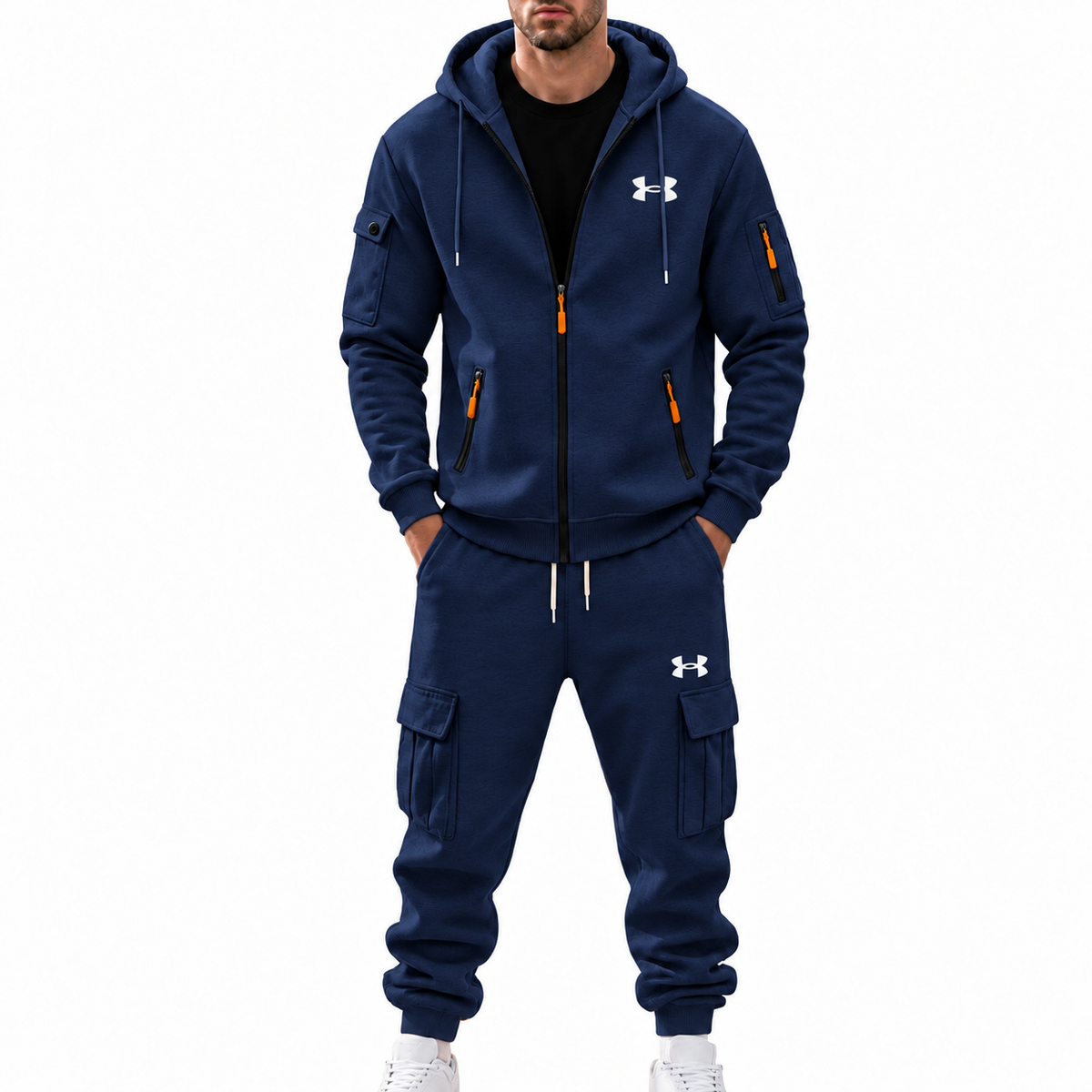 Men’s 2‑Piece Cargo Tracksuit Set, Full‑Zip Hooded Jacket & Multi‑Pocket Jogger Pants, Casual Athletic Sweat Suit Outfit