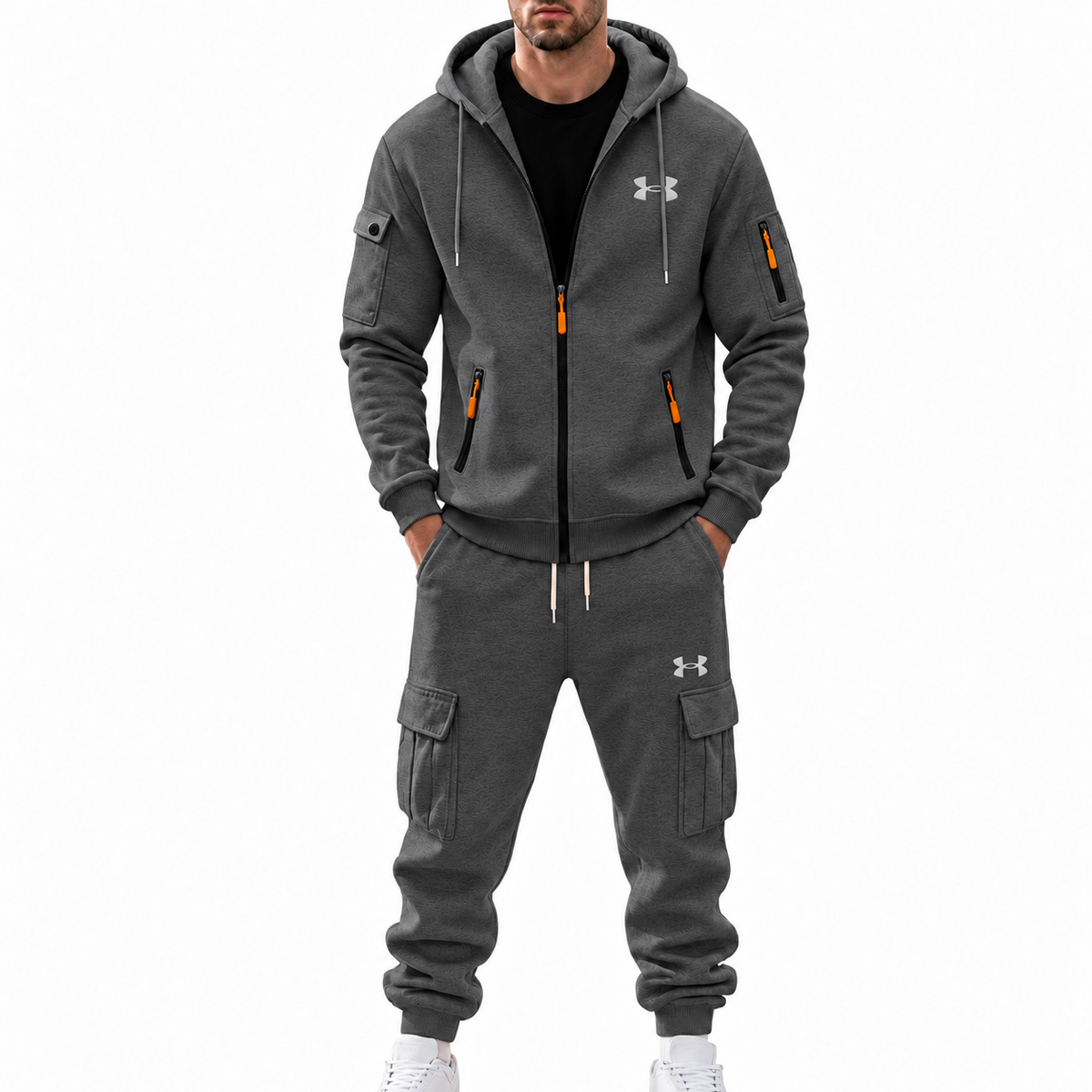 Men’s 2‑Piece Cargo Tracksuit Set, Full‑Zip Hooded Jacket & Multi‑Pocket Jogger Pants, Casual Athletic Sweat Suit Outfit
