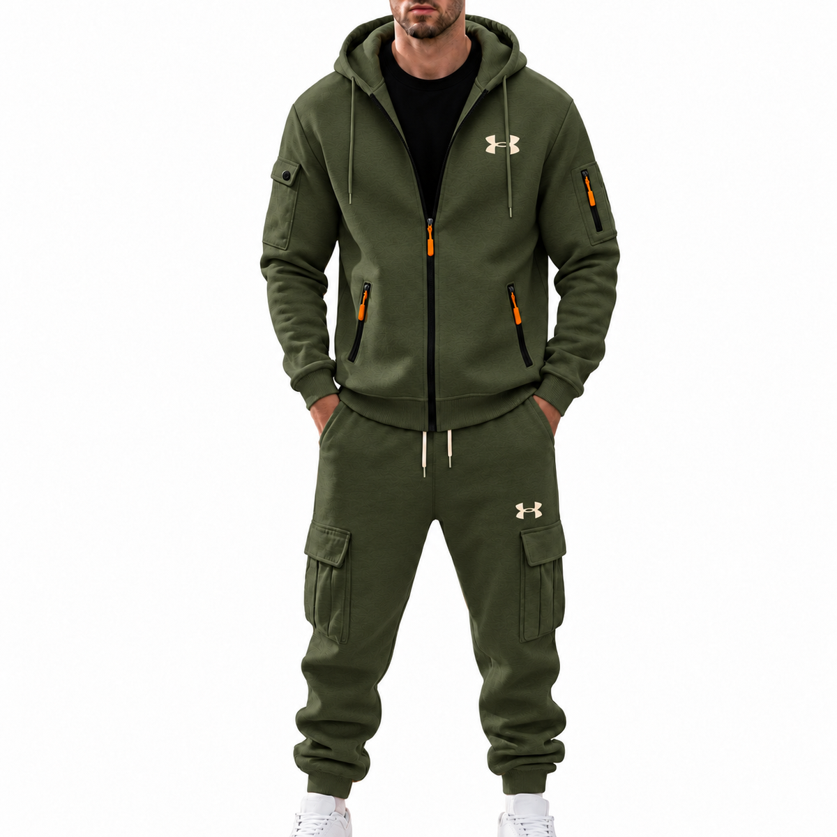 Men’s 2‑Piece Cargo Tracksuit Set, Full‑Zip Hooded Jacket & Multi‑Pocket Jogger Pants, Casual Athletic Sweat Suit Outfit