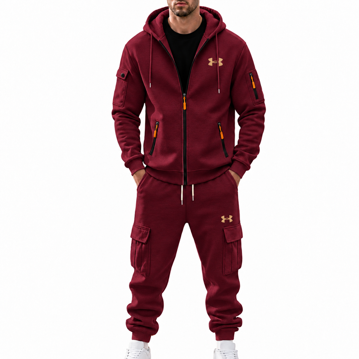 Men’s 2‑Piece Cargo Tracksuit Set, Full‑Zip Hooded Jacket & Multi‑Pocket Jogger Pants, Casual Athletic Sweat Suit Outfit