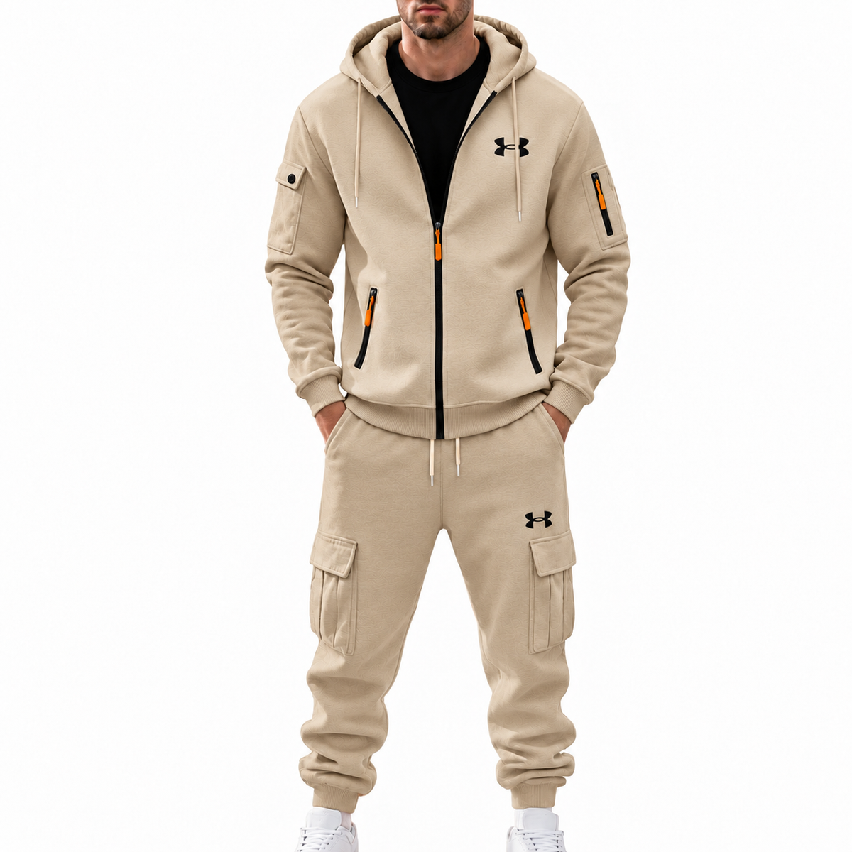 Men’s 2‑Piece Cargo Tracksuit Set, Full‑Zip Hooded Jacket & Multi‑Pocket Jogger Pants, Casual Athletic Sweat Suit Outfit