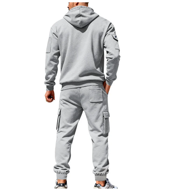 Men’s 2‑Piece Cargo Tracksuit Set, Full‑Zip Hooded Jacket & Multi‑Pocket Jogger Pants, Casual Athletic Sweat Suit Outfit